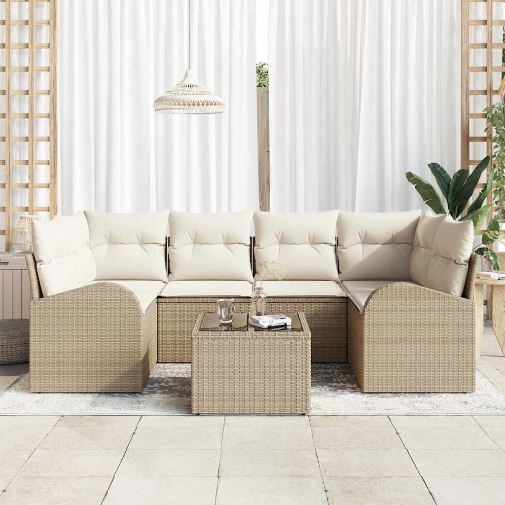 vidaXL 7-delige tuinbankset met kussens in beige poly rattan