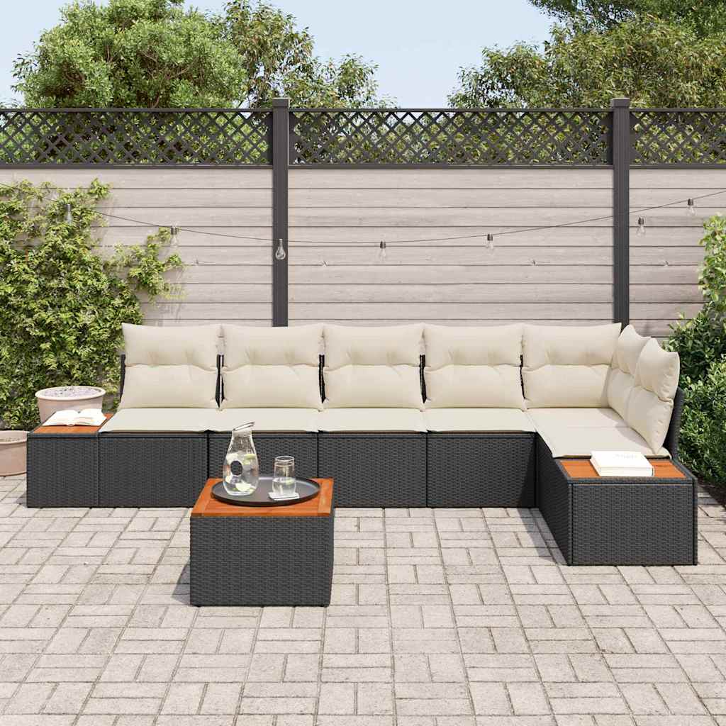vidaXL 7-delige tuinsofa set met kussens in zwart poly rattan en acacia