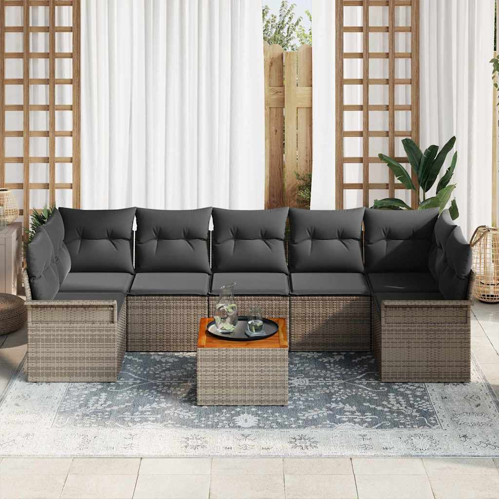 vidaXL 8-delige tuinzitset met kussens, grijs poly rattan en acacia