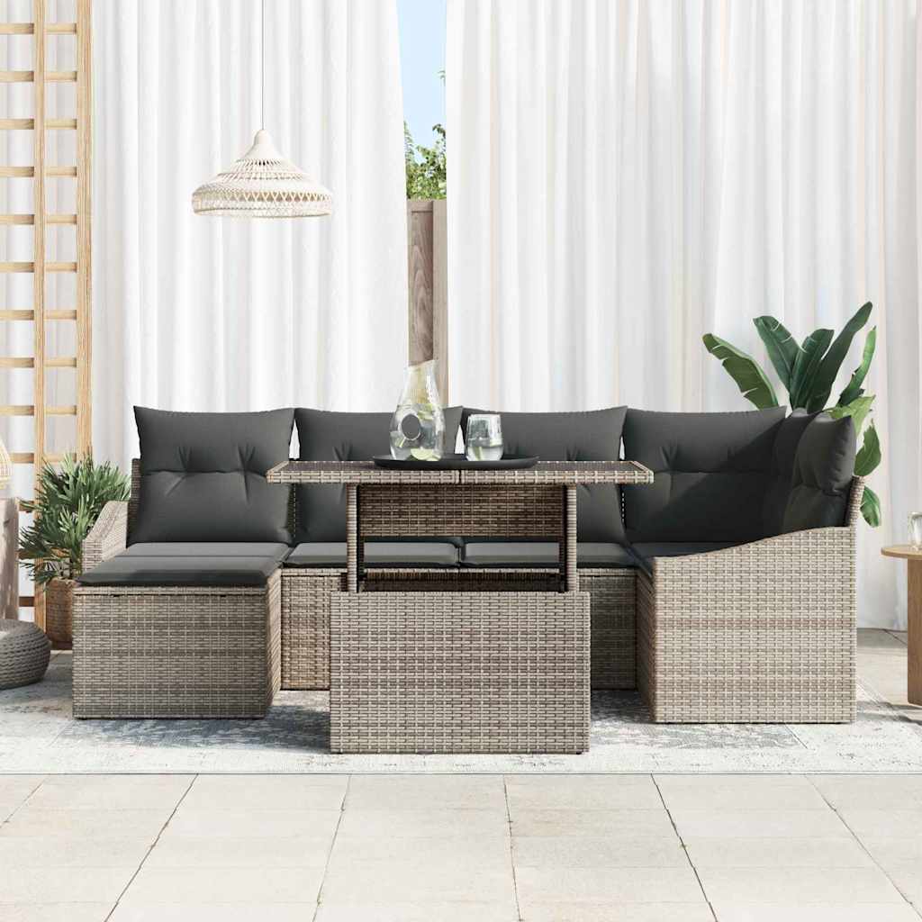 vidaXL 7-delige tuinset met kussens in grijs poly rattan