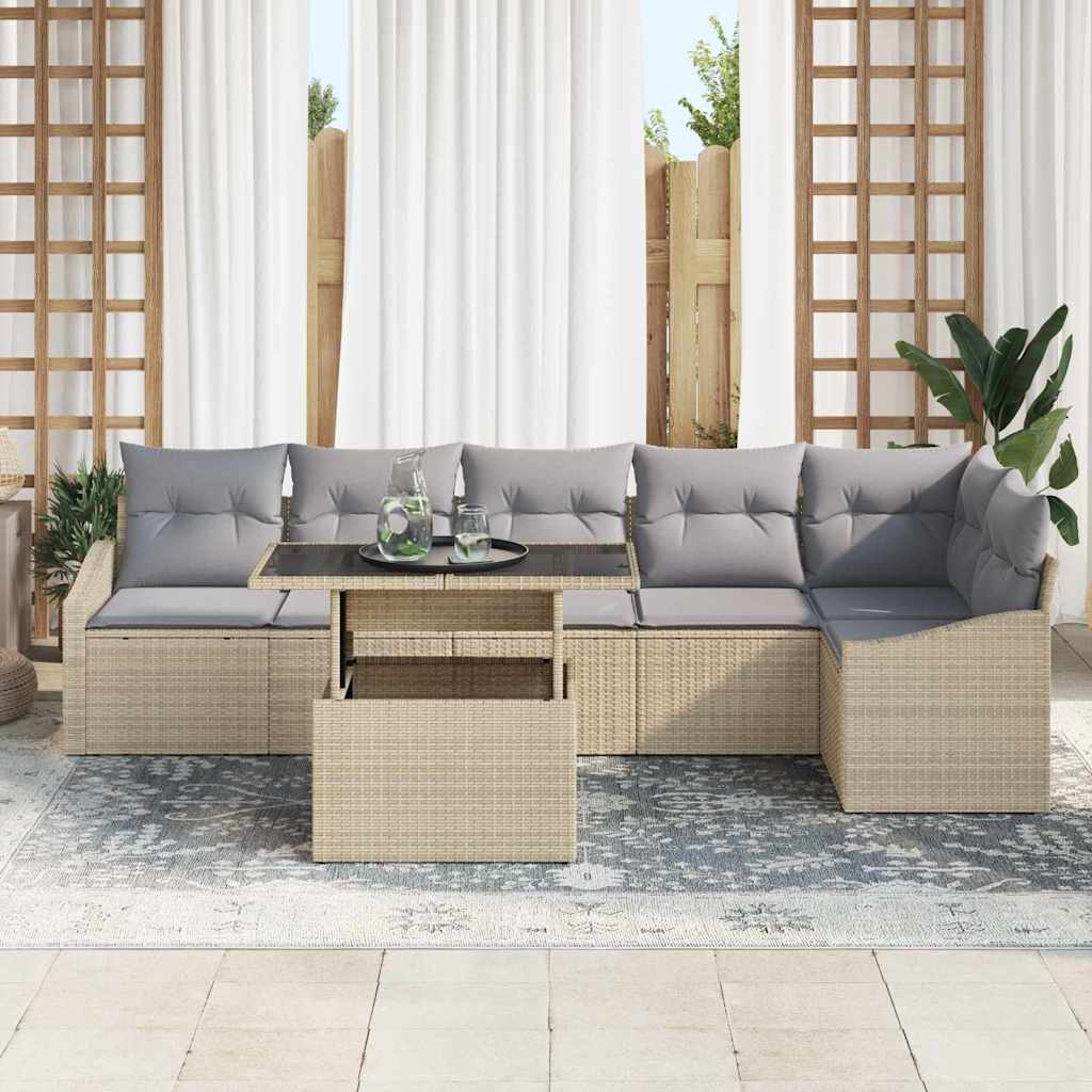 vidaXL 7-delige tuinbankset met kussens in beige poly rattan