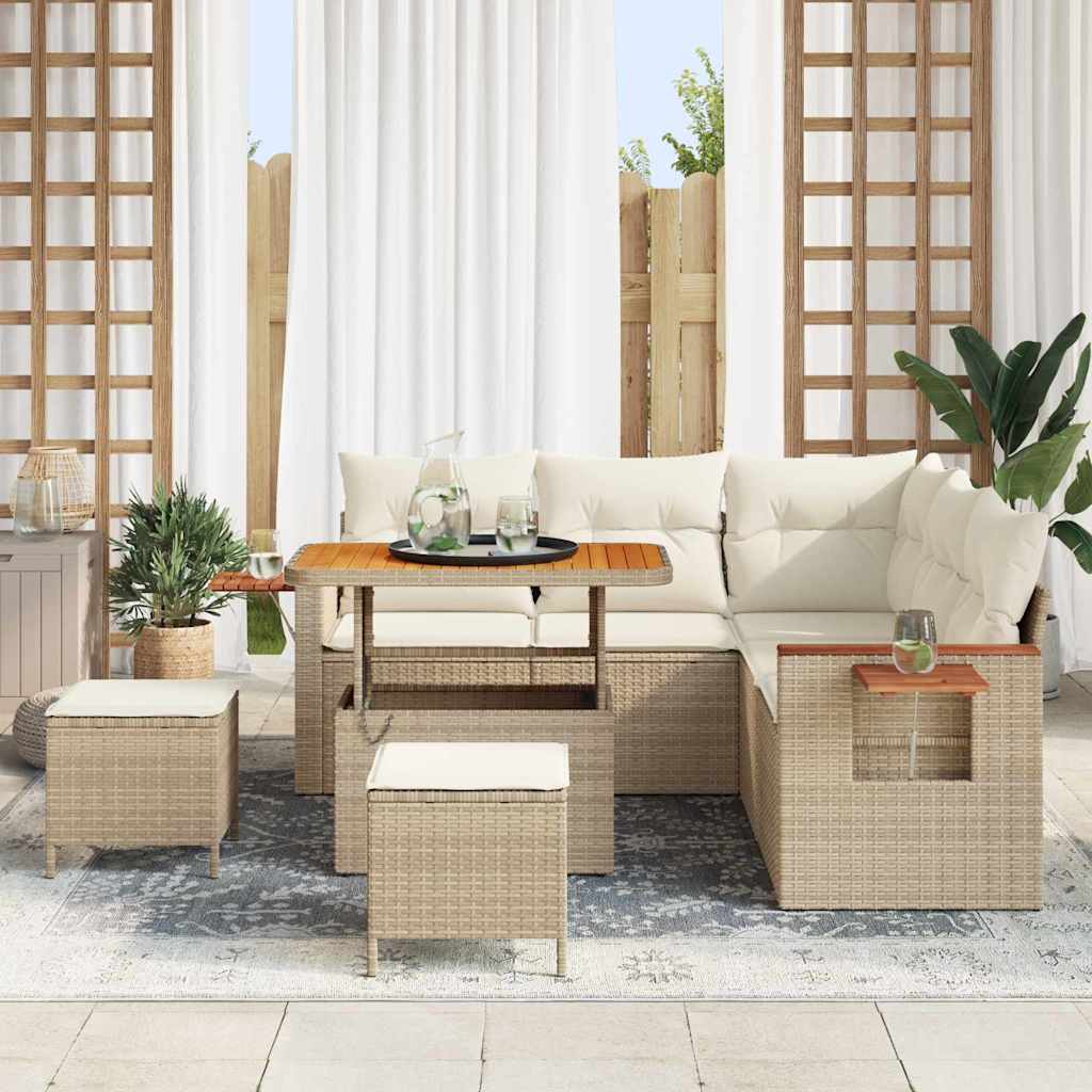 vidaXL 8-delige tuinset met kussens in beige poly rattan en acacia