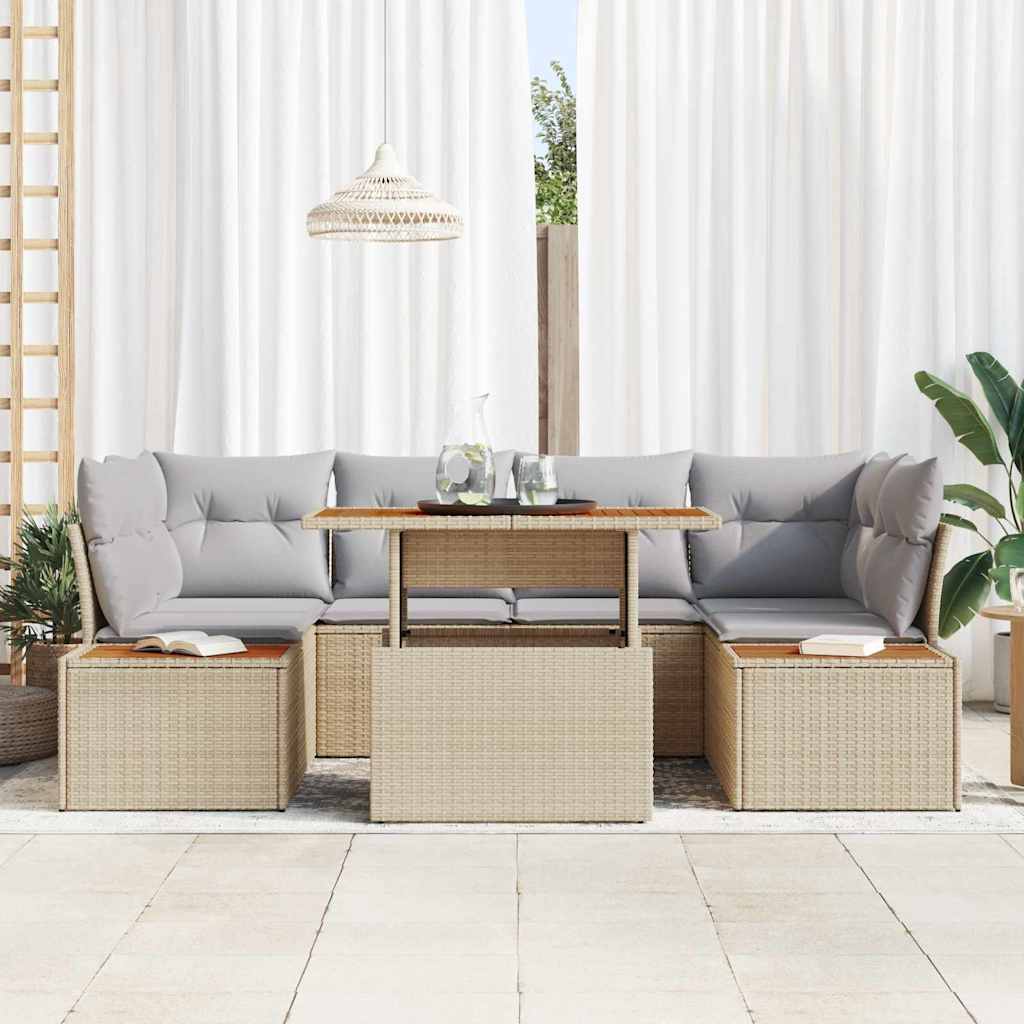 vidaXL 7-delige tuinset met kussens in beige poly rattan en acacia