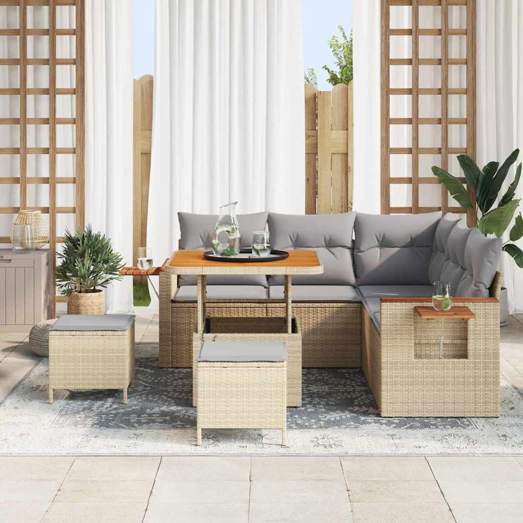vidaXL 8-delig tuinsofaset met kussens in beige van poly rattan en acacia.