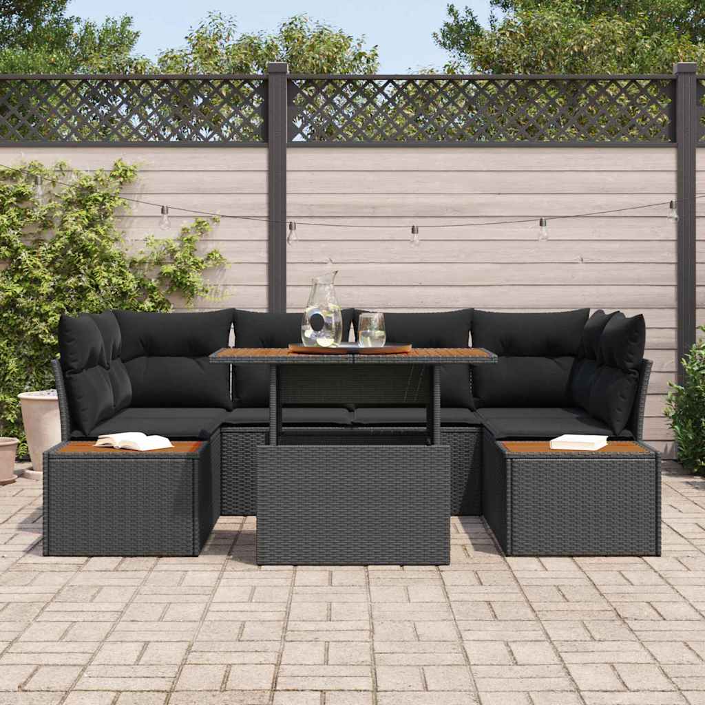 vidaXL 7-delige tuinset met kussens in zwart van poly rattan en acacia