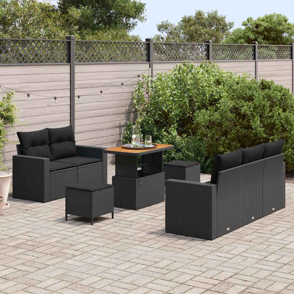 vidaXL 8-Delige Tuin Sofa Set met Kussens in Zwart Poly Rattan en Acacia