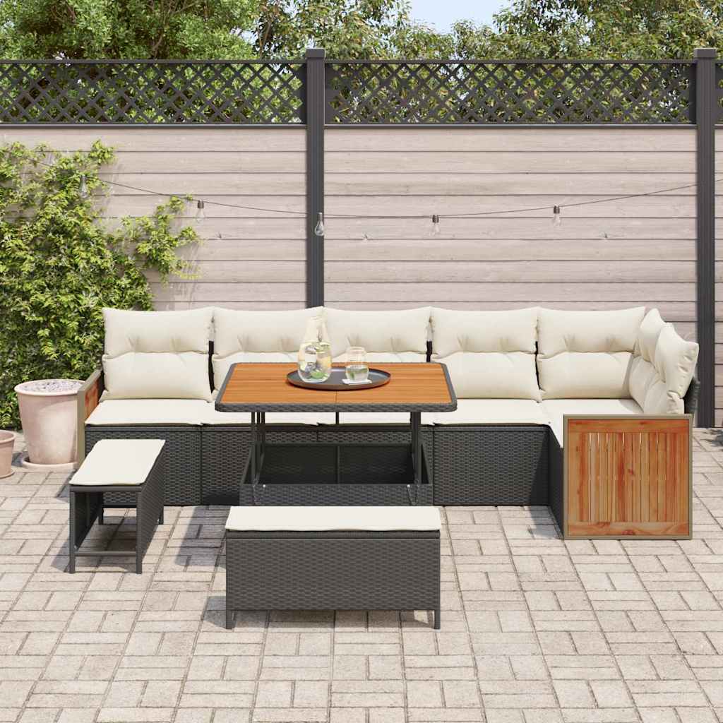 vidaXL 9-delige Tuinbankenset met kussens poly rattan acacia zwart