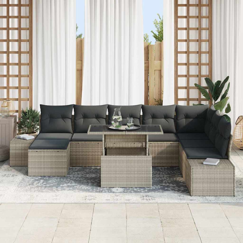 vidaXL 9-delige tuinset met kussens in lichtgrijs poly rattan
