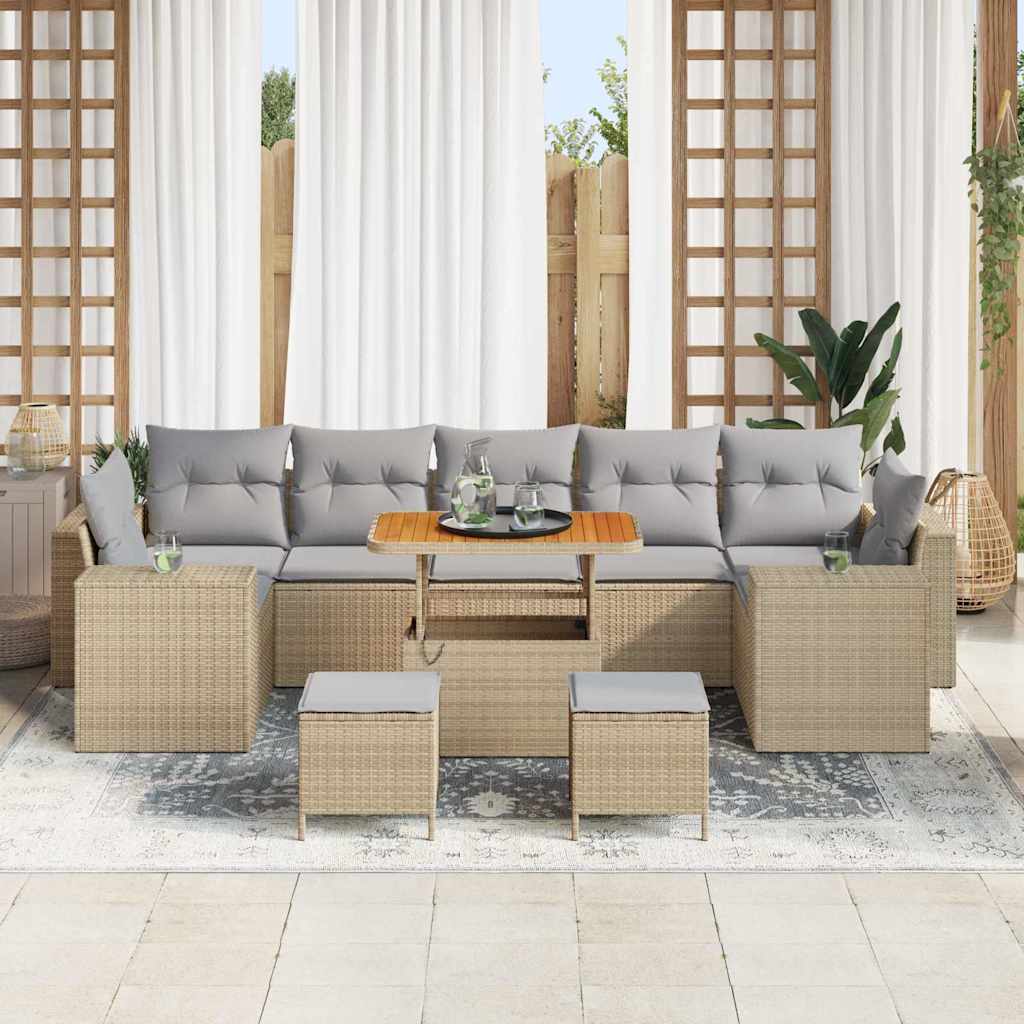 vidaXL 10-delige tuinset met kussens, beige poly rattan en acacia