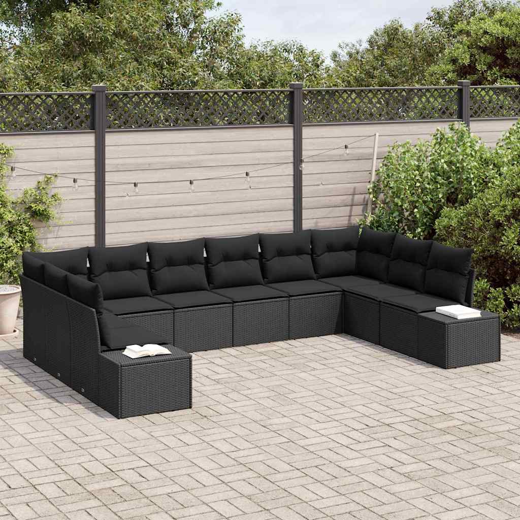 vidaXL 10-delige tuinsofa set met kussens in zwart poly riet