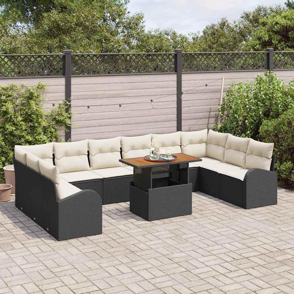 vidaXL 11-delige tuinset met kussens, zwart poly rattan en acacia.