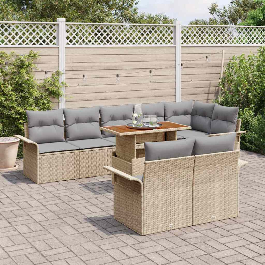 vidaXL 9-delige tuinset met kussens in beige poly rattan en acacia