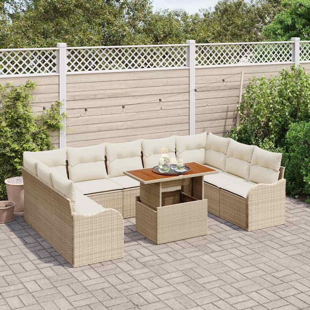 vidaXL Tuinset van 10 delen met beige kussens, poly rattan en acacia.