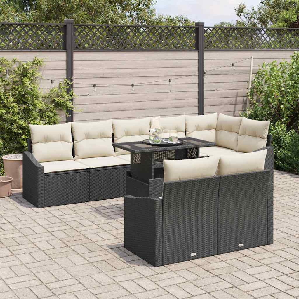 vidaXL 9-delige tuinbankset met kussens in zwart poly rattan