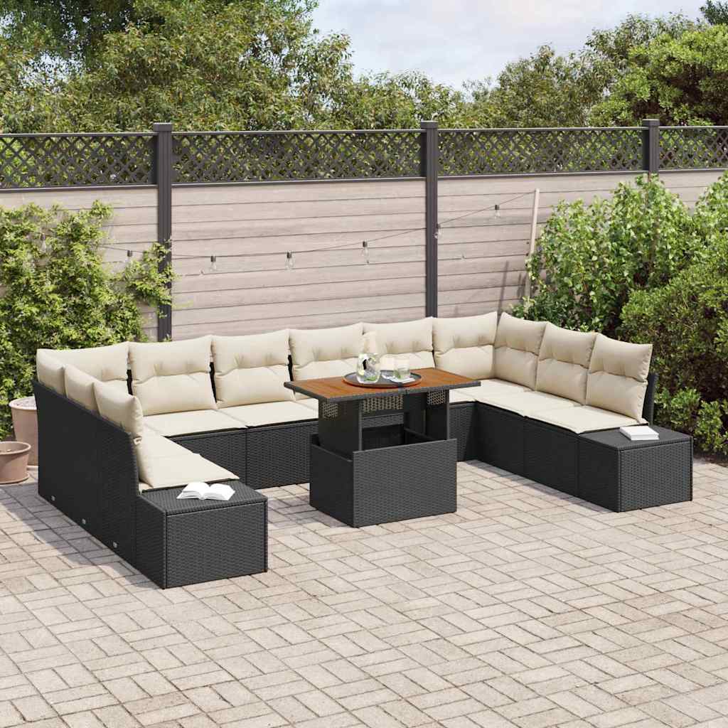 vidaXL 11-delige tuinset met kussens, zwart poly riet en acacia