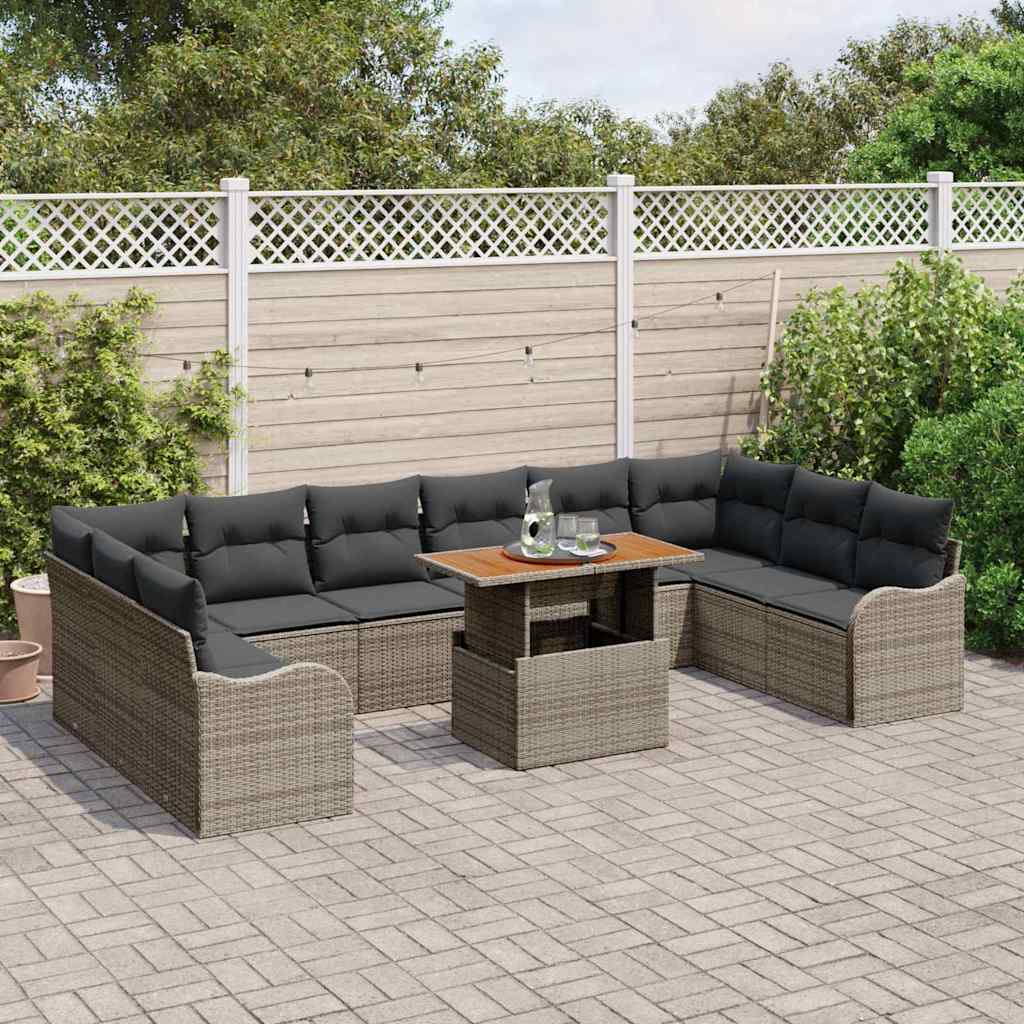 vidaXL 11-delige tuinsofa set met kussens in grijs van poly rattan en acacia