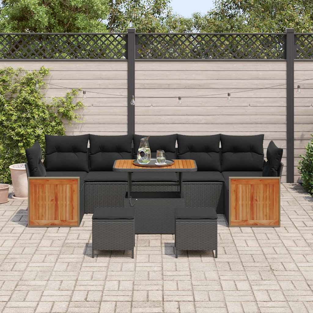 vidaXL 10-delige Tuinbank Set met Kussens in Zwart Poly Rattan en Acacia