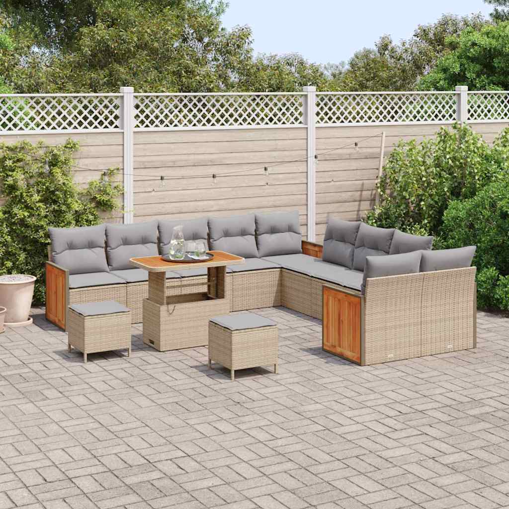 vidaXL 13-delige tuinbankset met kussens in beige poly rattan en acacia