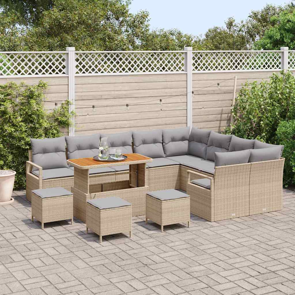 vidaXL 13-delige tuinset met kussens in beige van poly rattan en acacia