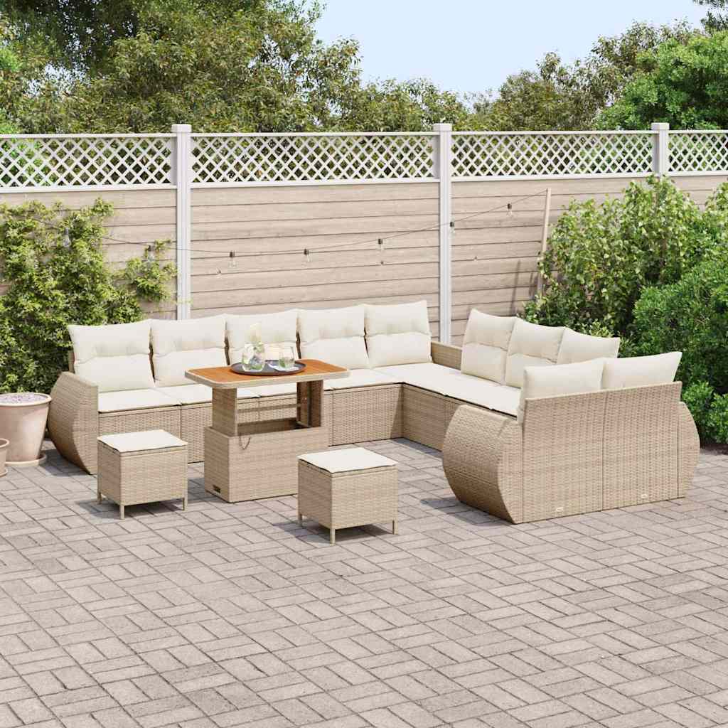 vidaXL 13-delige tuinset met kussens in beige van poly rattan en acacia