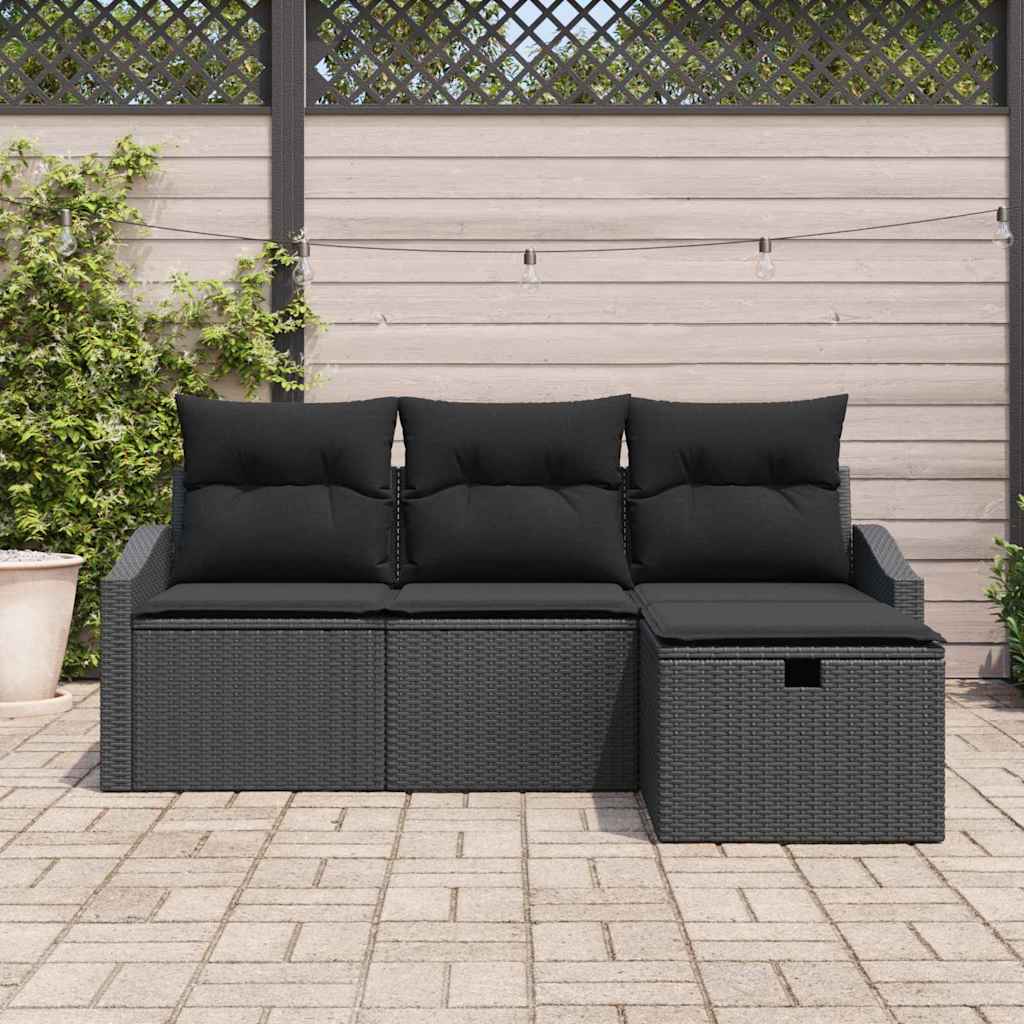 vidaXL 4-delig tuinbankstel met kussens in zwart poly riet