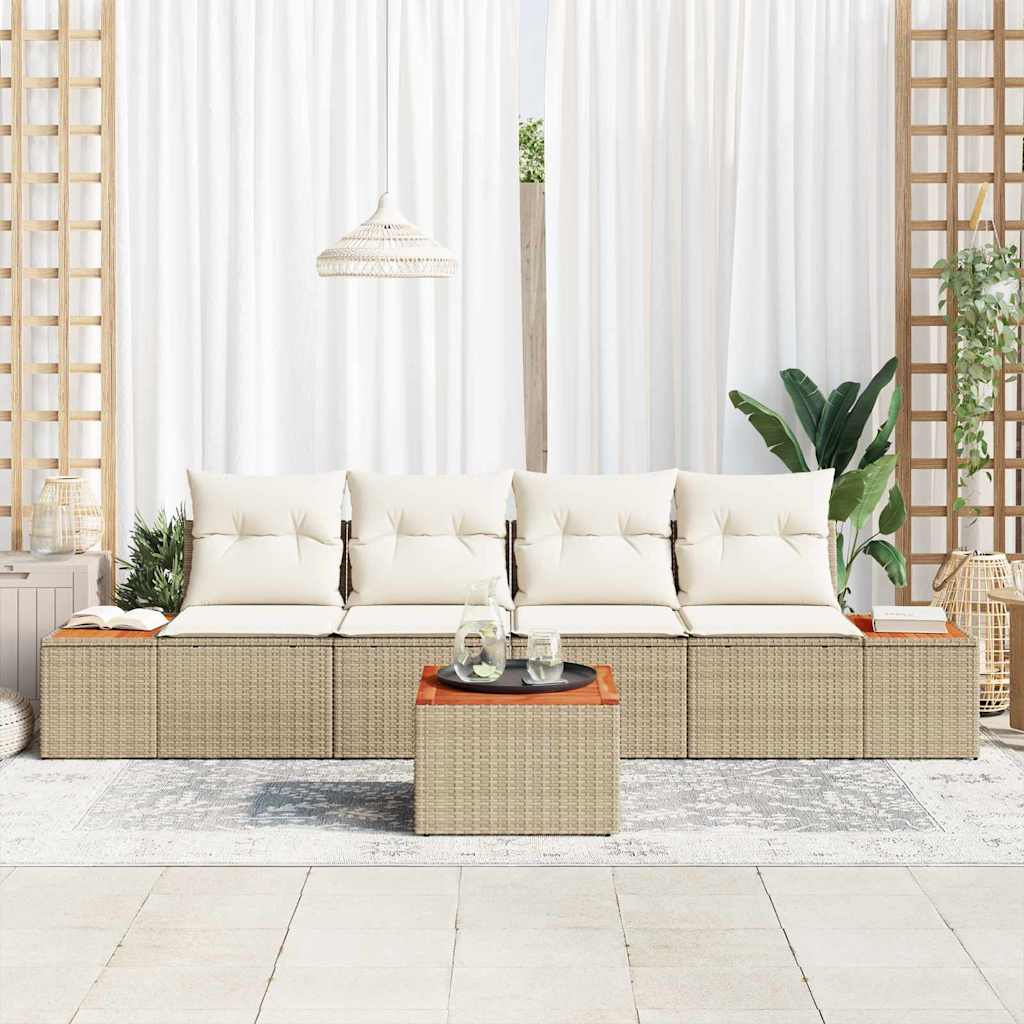 vidaXL 5-delige tuinsofaset met kussens in beige poly riet en acacia
