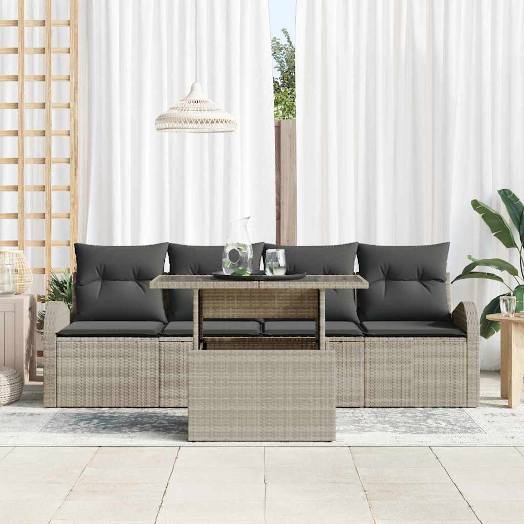 vidaXL 5-delige tuinset met kussens in lichtgrijs poly rattan