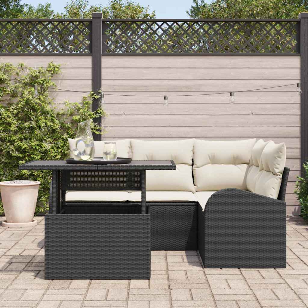 vidaXL 5-delige tuinbankset met kussens in zwart poly rattan