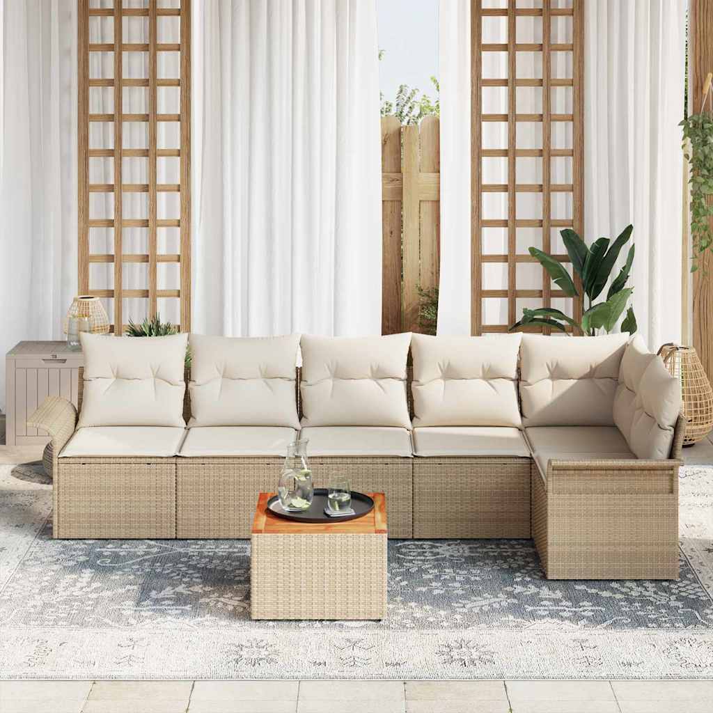 vidaXL 7-delige tuinset met kussens in beige van poly rattan