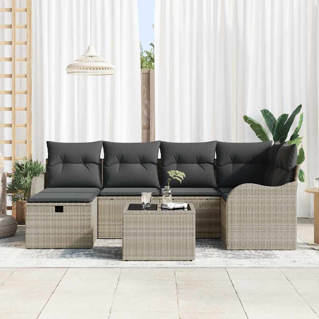 vidaXL 7-delige tuinset met kussens in lichtgrijs poly rattan