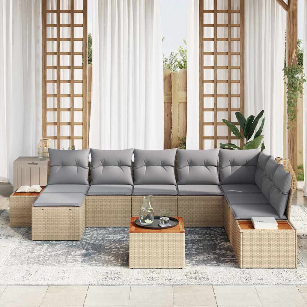 vidaXL 9-delige tuinset met kussens in beige, poly rattan en acacia