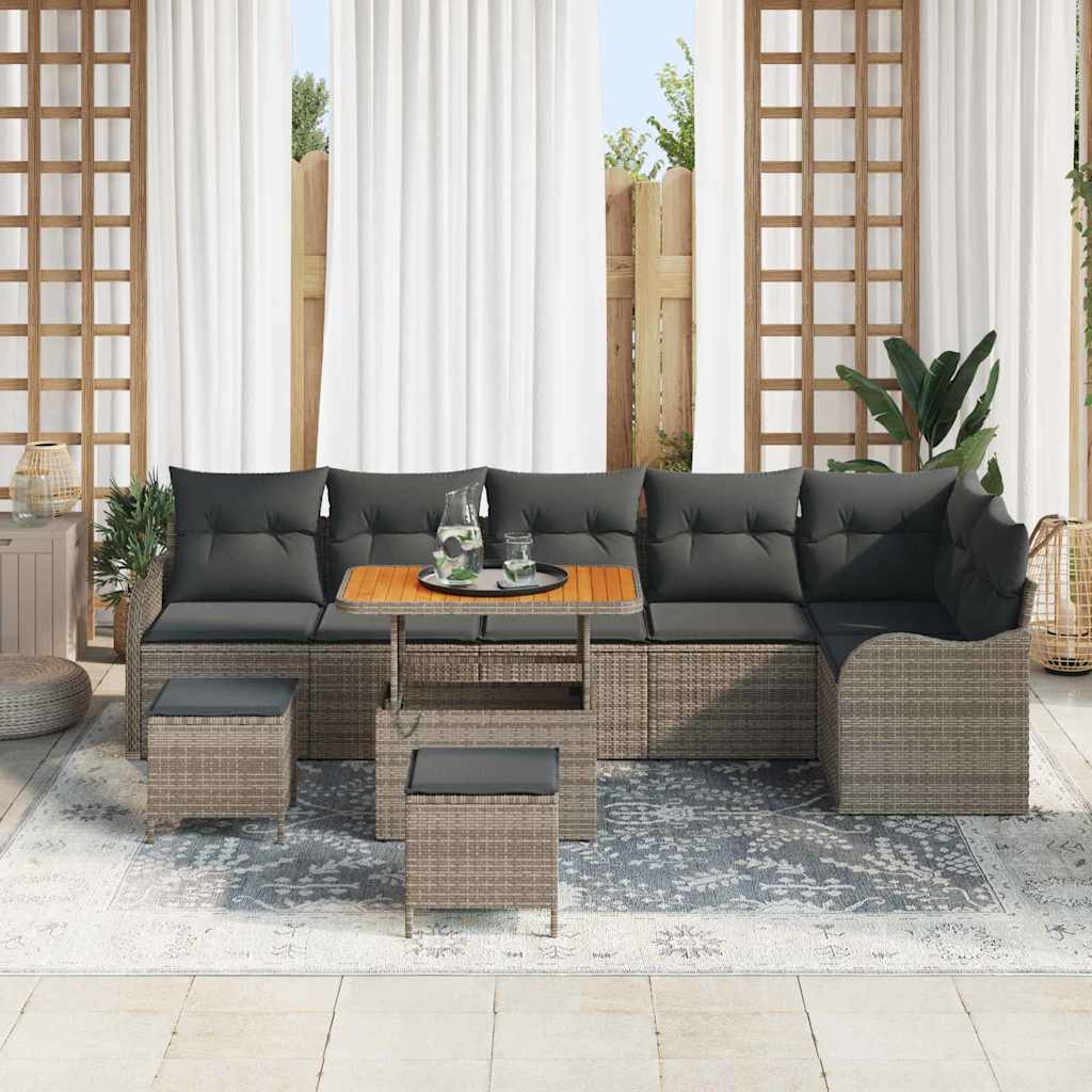 vidaXL 9-delige tuinbankset met kussens in grijs poly rattan en acacia