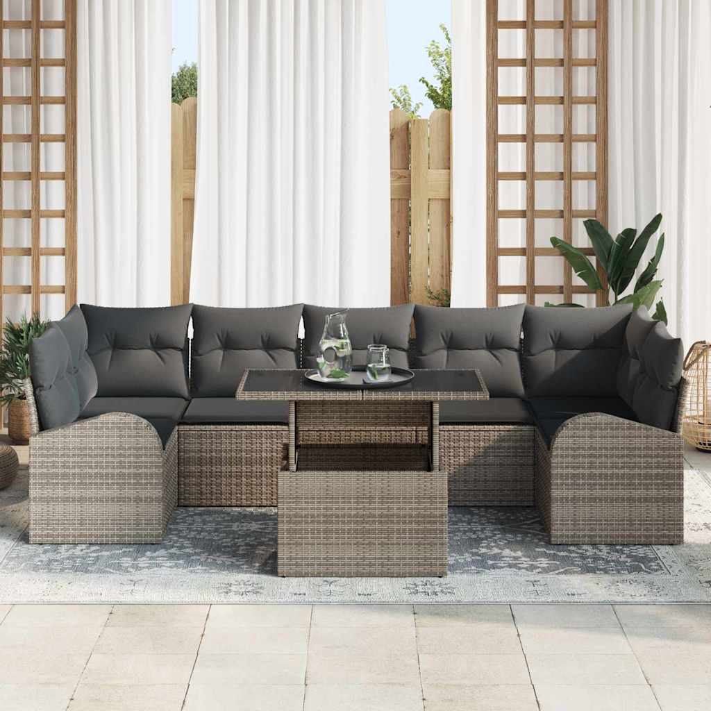 vidaXL 8-delige tuinset met kussens in grijs poly rattan