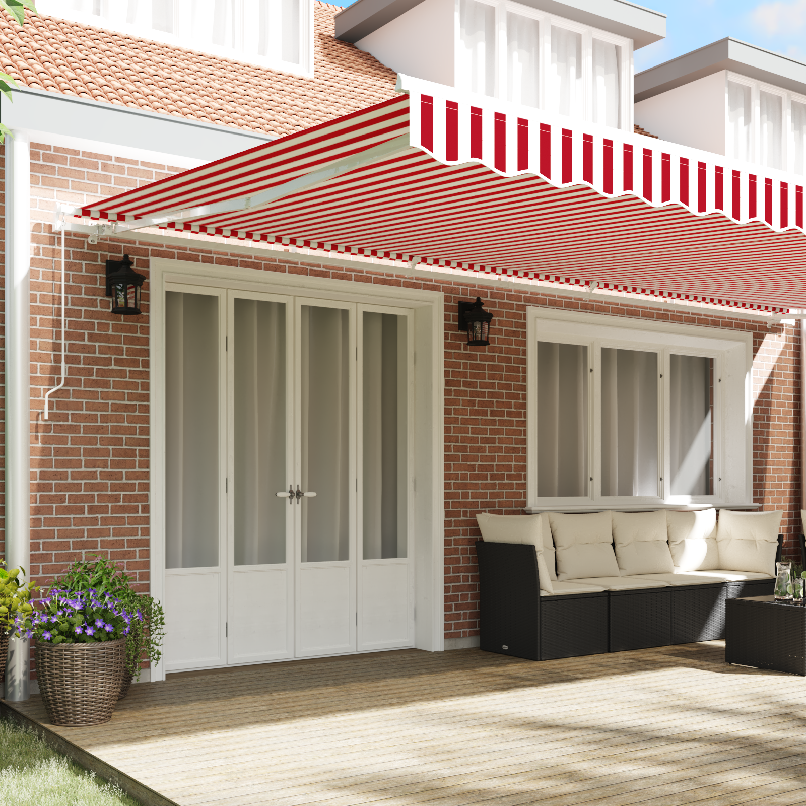 vidaXL Handmatige uitschuifbare luifel Rood en Wit Gestreept 600 x 350 cm