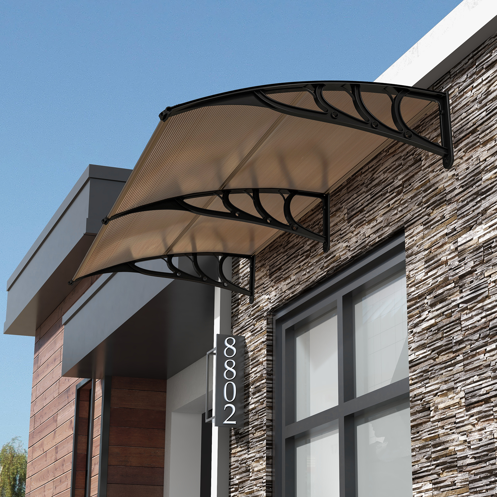 Costway 199 x 99 cm Voordak voor de Voordeur Aluminium Overkapping Pultbogen Voordak Voordeurdak Koffie