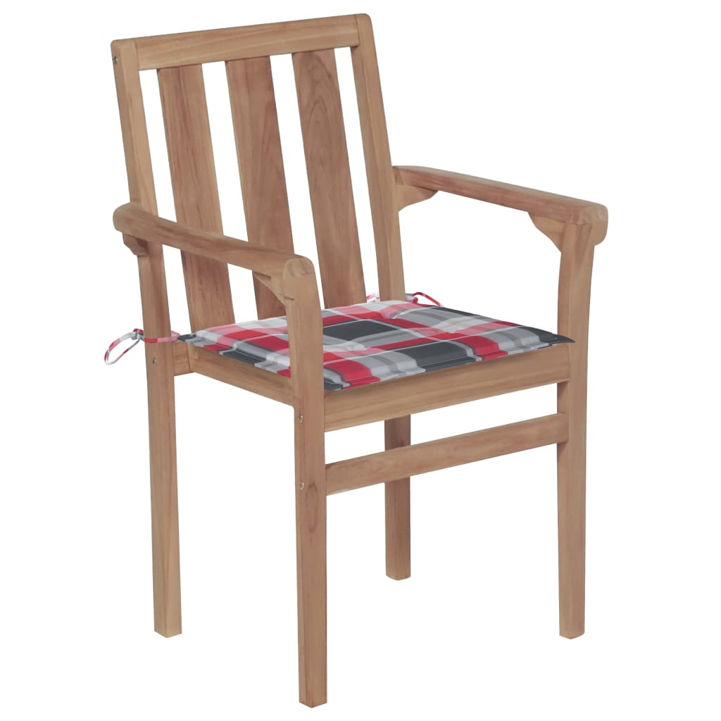 vidaXL Tuinstoelen 2 st met rood geruite kussens massief teakhout