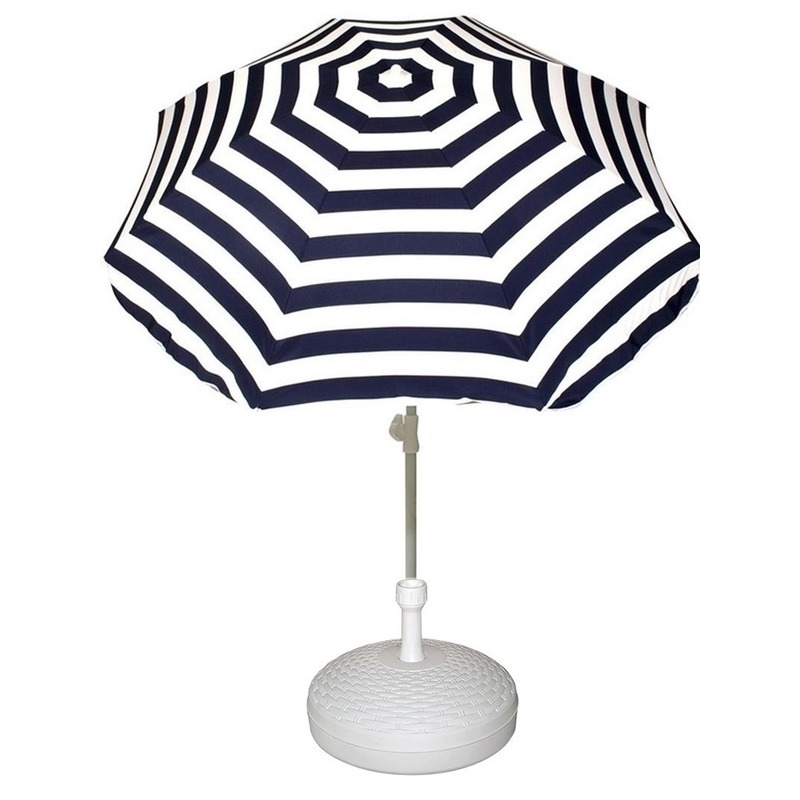 Merkloos Parasol met voet van 12 liter - blauw/wit gestreept - polyester/kunststof - Dia 180 cm - verstelbaar -