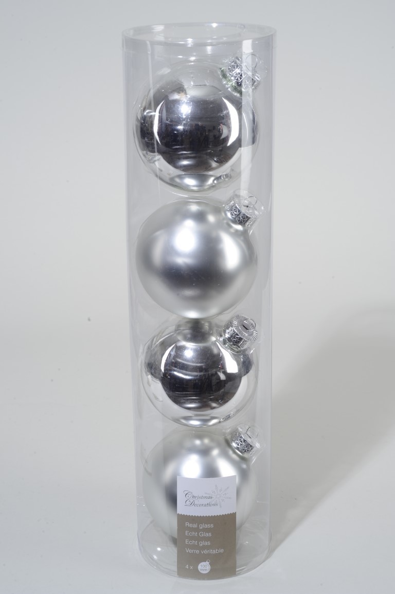Ksd 4 kerstballen zilver glans-mat 100 mm - 