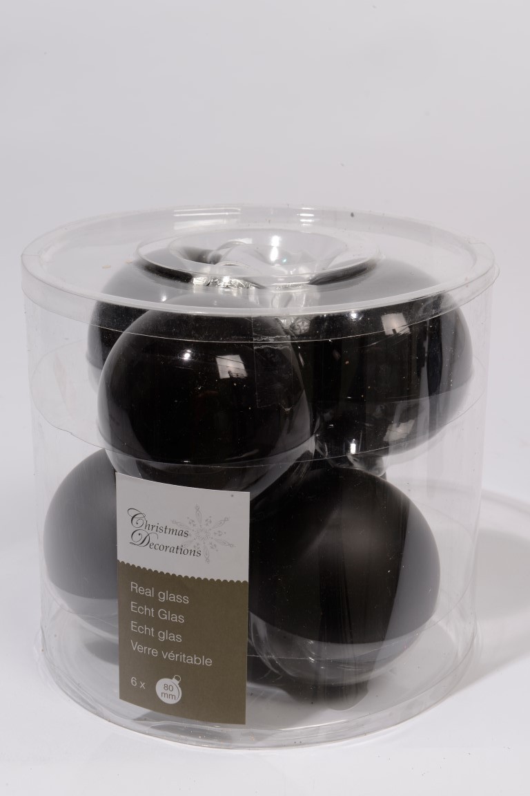 Ksd 6 kerstballen zwart glans-mat 80 mm - 