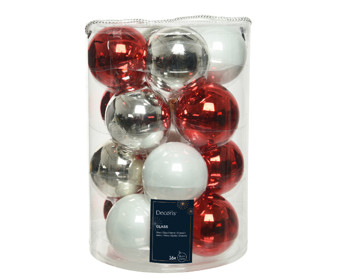 Decoris Kerstbal glas d8 cm wit/rd ass 16st kerst - 