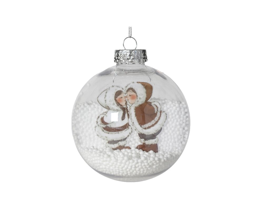 Kerstbal 10 cm transparant kinderen in sneeuw