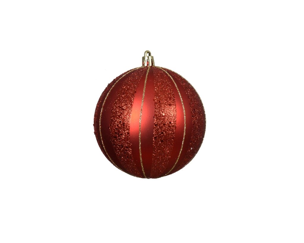 Kerstbal 10 cm rood met rode glitter streep