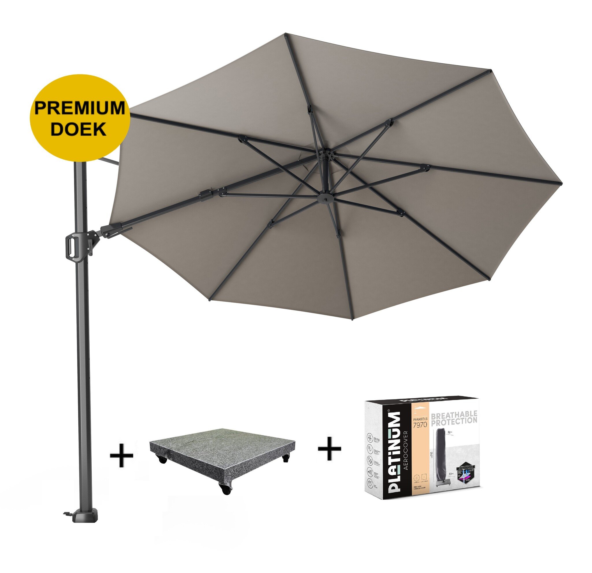 Platinum Challenger T2 premium zweefparasol 350 cm  rond manhattan met 90KG voet en hoes