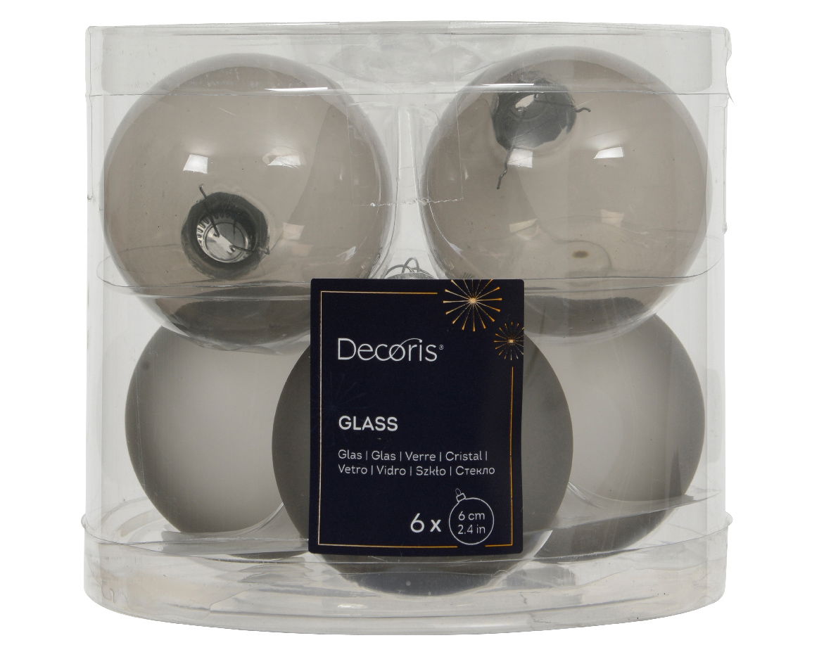 Decoris Kerstballen glas d6 cm zacht grijs 6 st  -