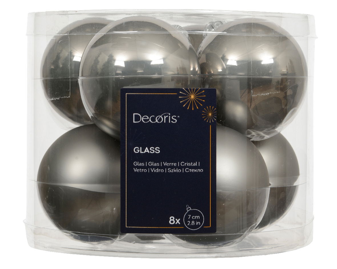 Decoris Kerstballen glas d7 cm zacht grijs 8 st  - 