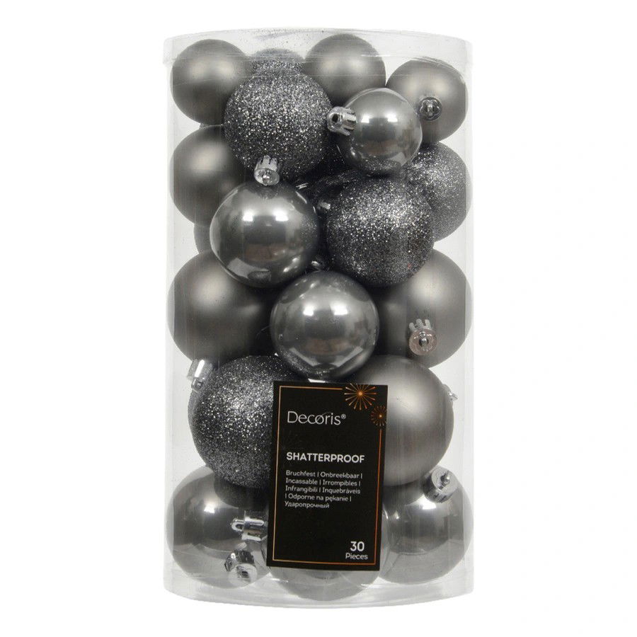 Decoris Kerstbalmix kunststof d6 cm zacht grijs 30 st  -