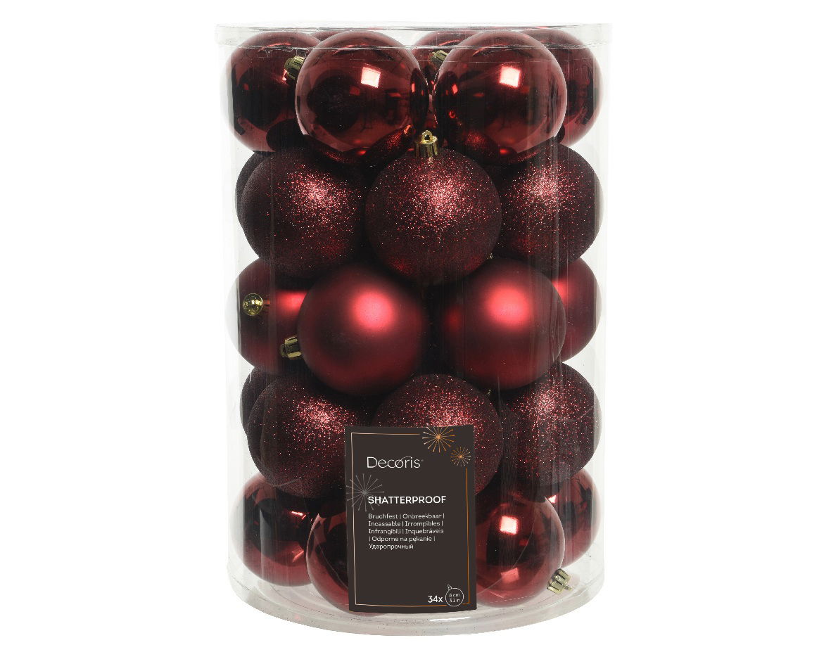 Decoris Onbreekbare kerstballen ossenbloed in koker 34 st  -