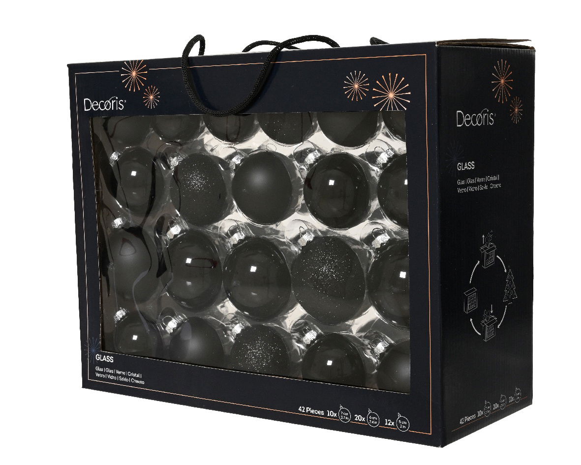 Decoris Glazen kerstballen in koffer zwart 42 st  -