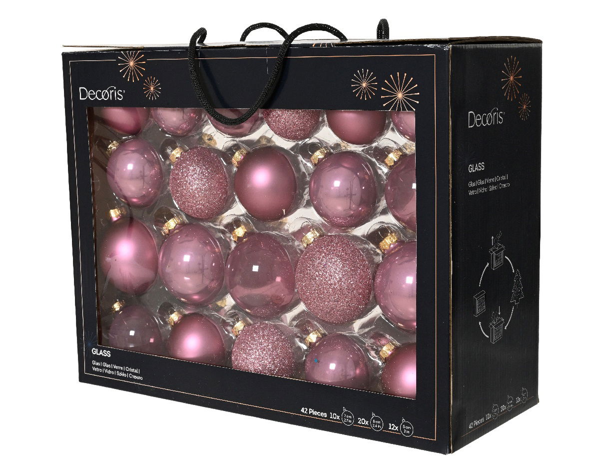 Decoris Glazen kerstballen in koffer vintage roze 42 st  -
