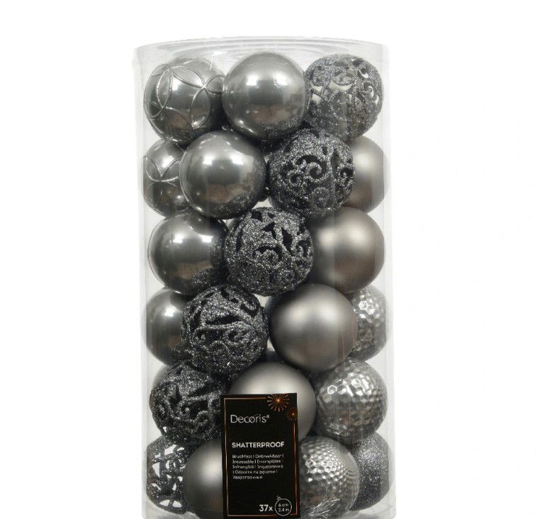 Decoris Kerstbal kunststof d6 cm grijs 37 st  -
